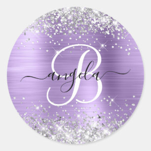 Silver Glitter Light Purple Foil Elegant Monogram Classic Round Sticker