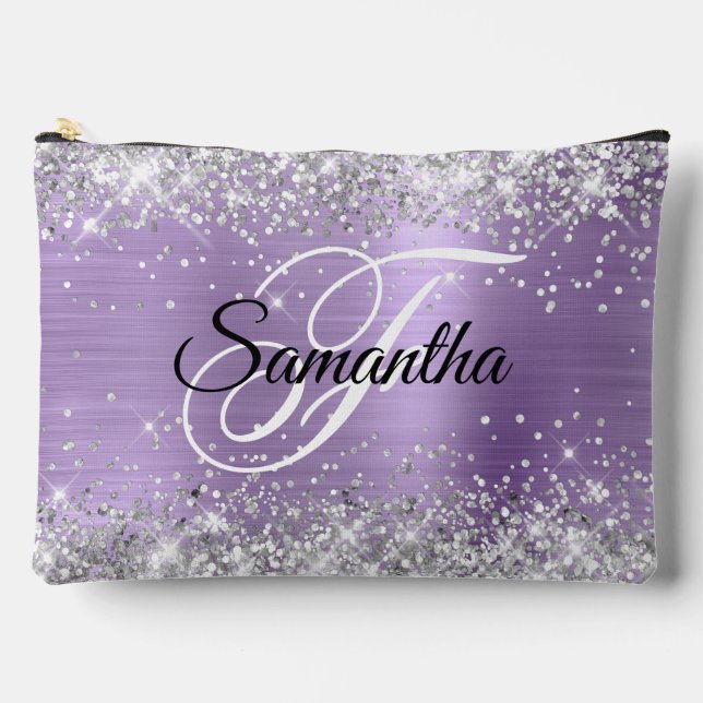 Silver Glitter Light Purple Foil Fancy Monogram Accessory Pouch (Front)