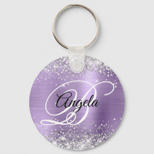 Silver Glitter Light Purple Foil Fancy Monogram Keychain
