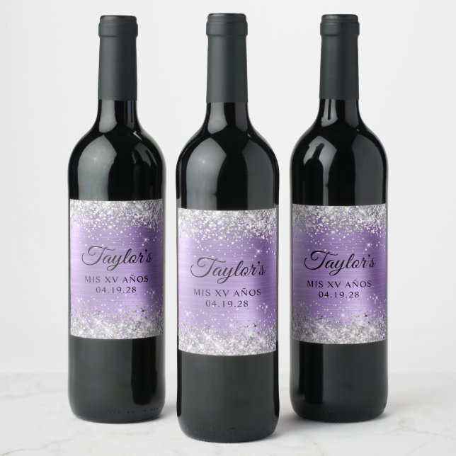 Silver Glitter Light Purple Foil Mis XV Anos Wine Label (Bottles)