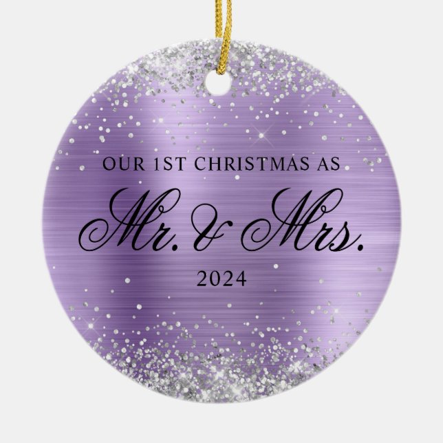 Silver Glitter Light Purple Foil Our 1st Christmas Ceramic Ornament (Front)