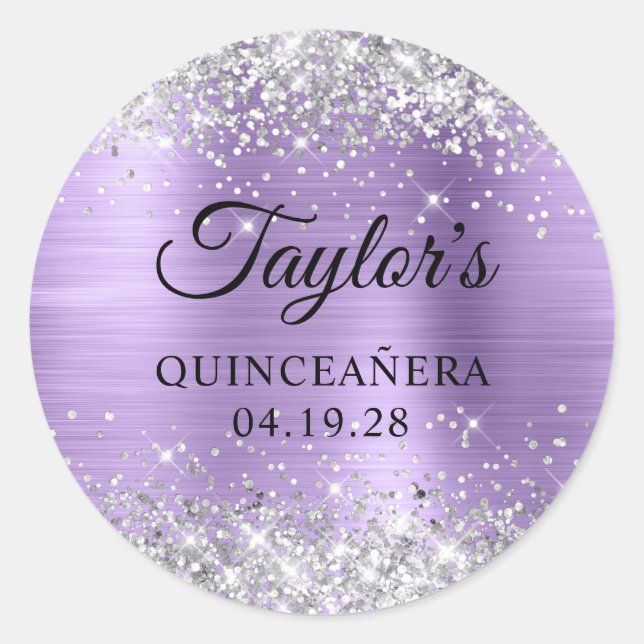 Silver Glitter Light Purple Foil Quinceanera Classic Round Sticker (Front)