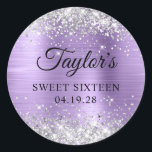 Silver Glitter Light Purple Foil Sweet Sixteen Classic Round Sticker<br><div class="desc">Create your own sweet 16 - 16th birthday party classic round stickers. Girly faux sparkly silver glitter over a faux light amethyst purple metallic style ombre foil. Customize the font styles to create your own design for her special celebration. A classic elegant calligraphy paired with an all caps serif font....</div>