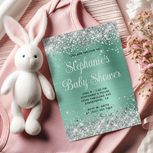 Silver Glitter Light Teal Baby Shower Invitation