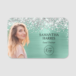 Silver Glitter Light Teal Foil Cutout Photo Logo Name Tag