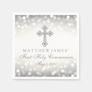 Silver Glitter Lights Communion Custom Napkin