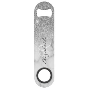 Silver Glitter Look Marble Ombre Monogram  Bar Key