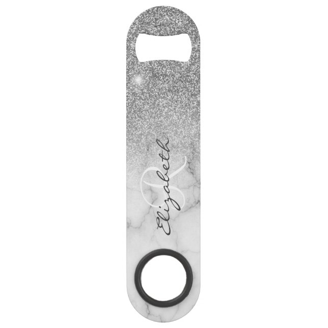 Silver Glitter Look Marble Ombre Monogram  Bar Key (Front)