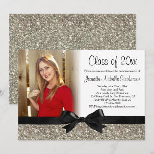 Silver Glitter-look Ribbon Bow Photo Graduation Invitation