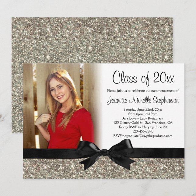 Silver Glitter-look Ribbon Bow Photo Graduation Invitation (Front/Back)