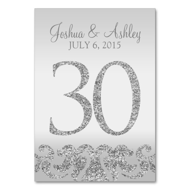Silver Glitter Look Wedding Table Numbers-30 Table Number (Front)