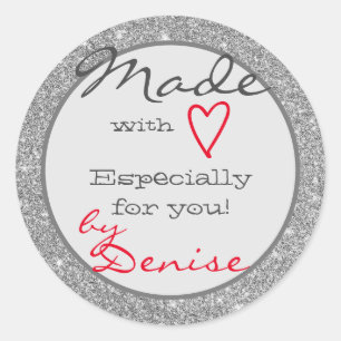 Silver Glitter Made with Love Red Heart Signature Classic Round Sticker