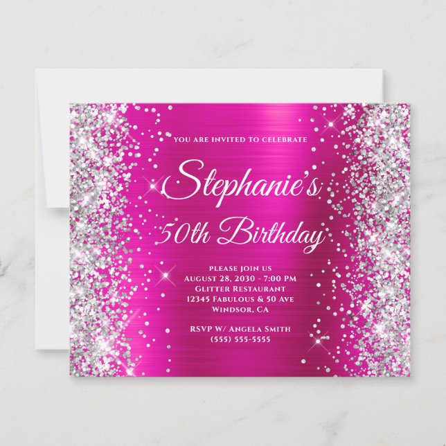 Silver Glitter Magenta Foil Monogram 50th Birthday (Front)