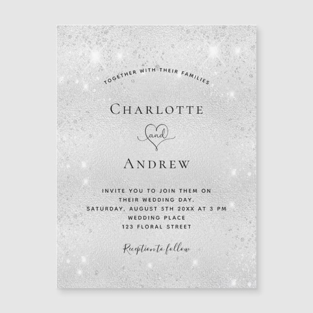 Silver glitter magnet wedding invitation (Front)