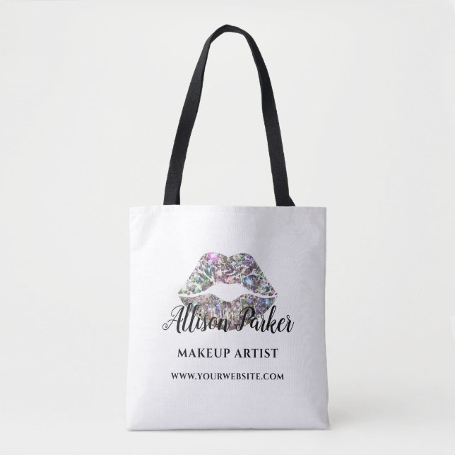 Silver Glitter Makeup Artist Kiss Lips Business Tote Bag (Front)