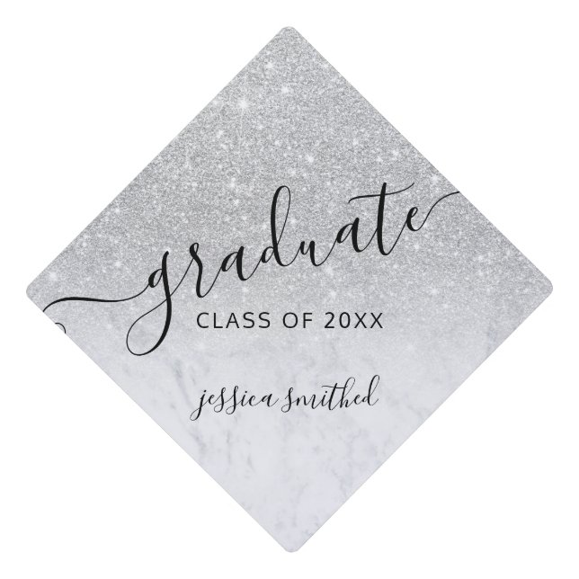 Silver glitter marble chic typography graduate graduation cap topper (Front)