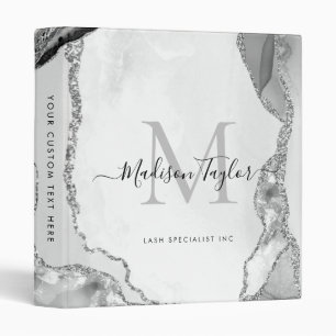Silver Glitter Marble Geode Monogram Script Name Binder