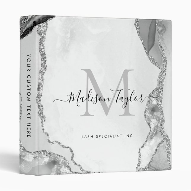 Silver Glitter Marble Geode Monogram Script Name Binder (Front/Spine)