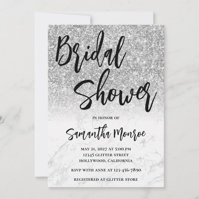 Silver Glitter Marble Glam QR Code Bridal Shower Invitation (Front)