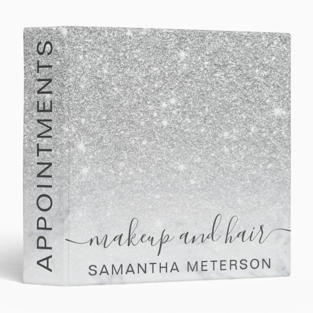Silver glitter marble makeup hair appointments binder (Front/Spine)