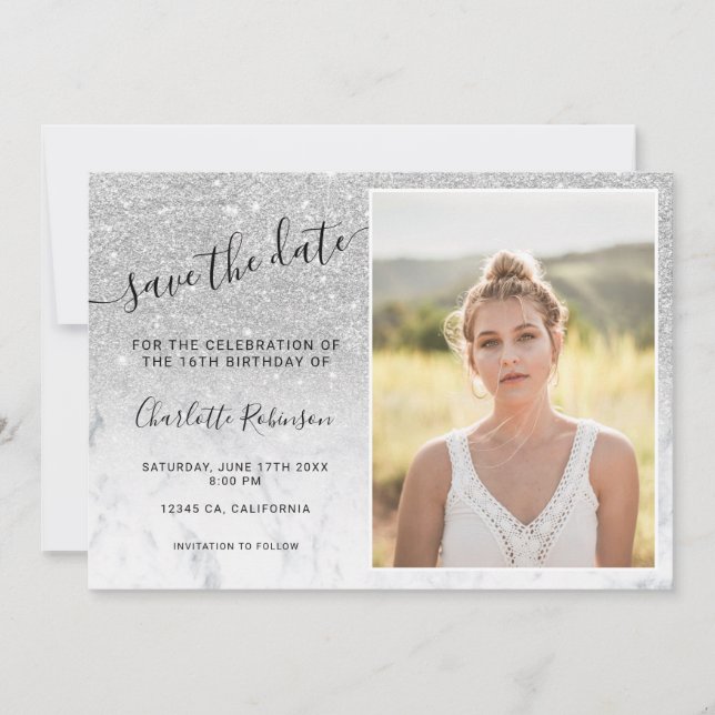 Silver glitter marble ombre 3 photos Sweet 16 Save The Date (Front)