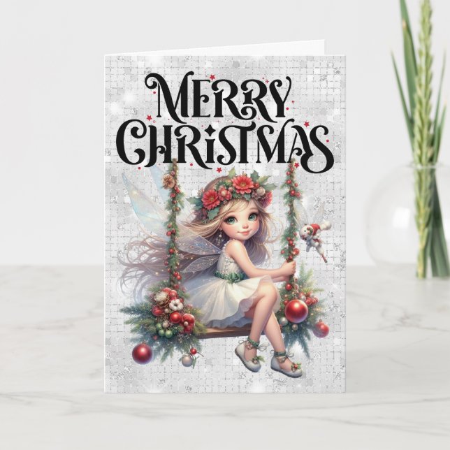 Silver Glitter Merry Christmas Fairy Holiday Card (Front)
