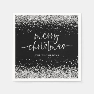 Silver Glitter Merry Christmas Party Black Napkin