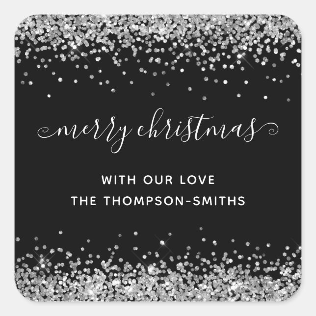 Silver Glitter Merry Christmas Script Names Black Square Sticker (Front)