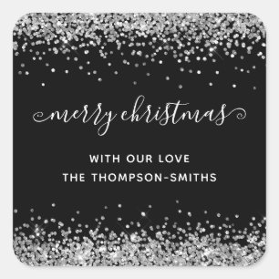 Silver Glitter Merry Christmas Script Names Black Square Sticker