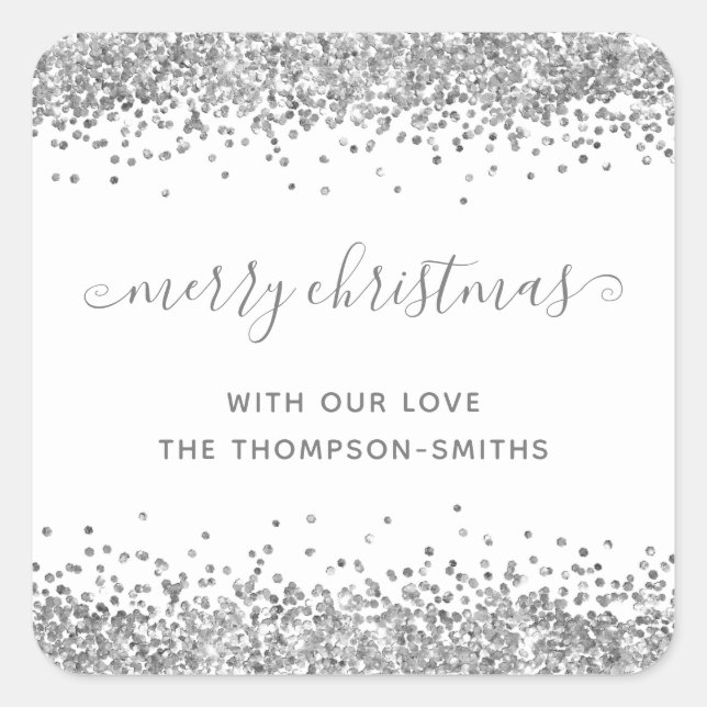 Silver Glitter Merry Christmas Script Names White Square Sticker (Front)