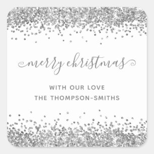 Silver Glitter Merry Christmas Script Names White Square Sticker