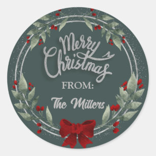 Silver Glitter Merry Christmas Wreath Sticker 