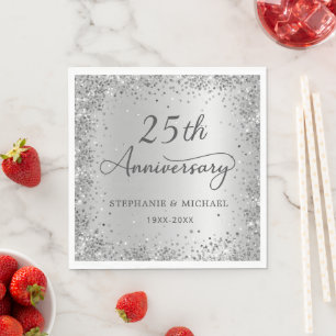 Silver Glitter Metal Foil 25th Wedding Anniversary Napkin