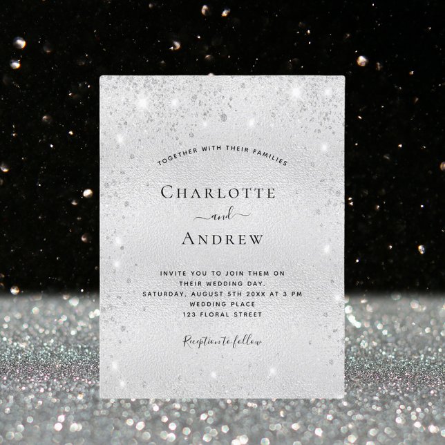 Silver glitter metal modern elegant wedding invitation postcard (Creator Uploaded)