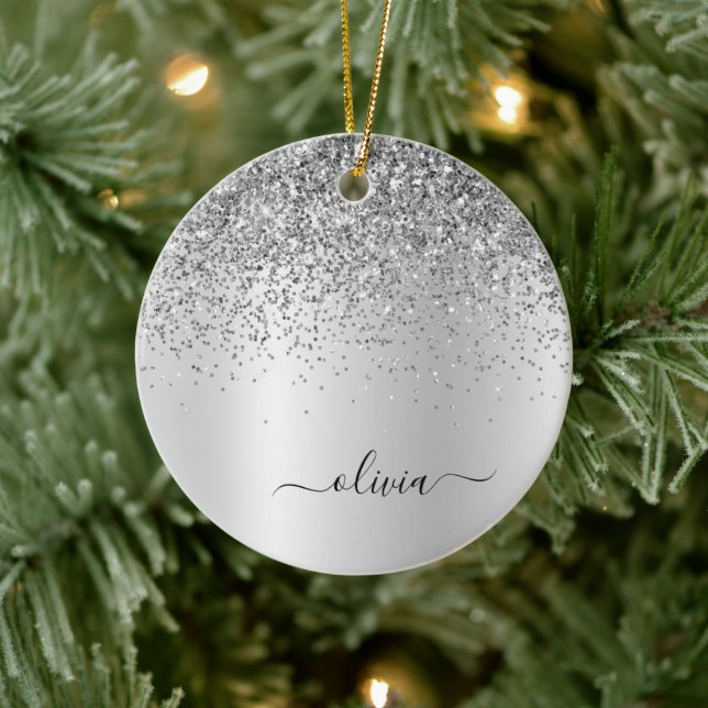 Silver Glitter Metal Monogram Glam Name Ceramic Ornament (Tree)