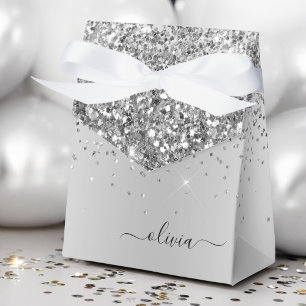 Silver Glitter Metal Monogram Glam Name Favor Box