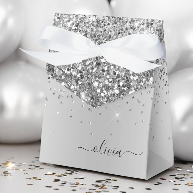 Silver Glitter Metal Monogram Glam Name Favor Box (Creator Uploaded)