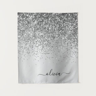 Silver Glitter Metal Monogram Glam Name Tapestry