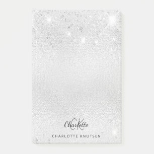 Silver glitter metal monogram initials name post-it notes