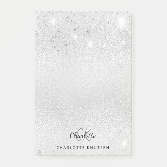 Silver glitter metal monogram initials name post-it notes (Front)