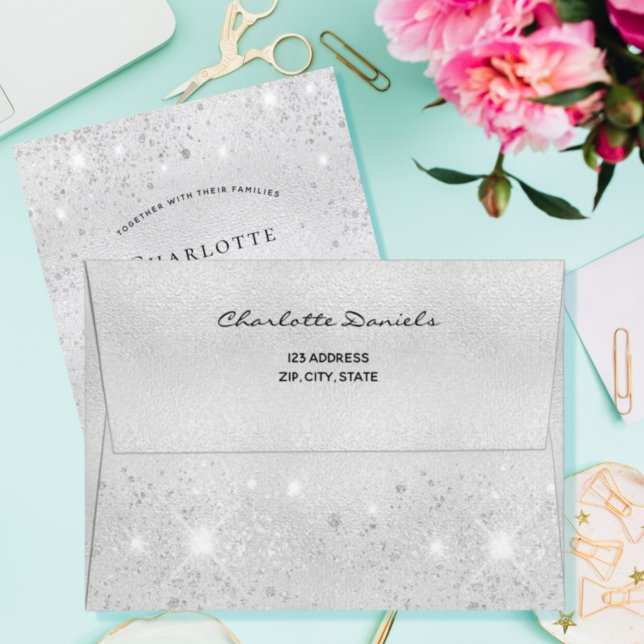 Silver glitter metal monogram return address envelope (Creator Uploaded)