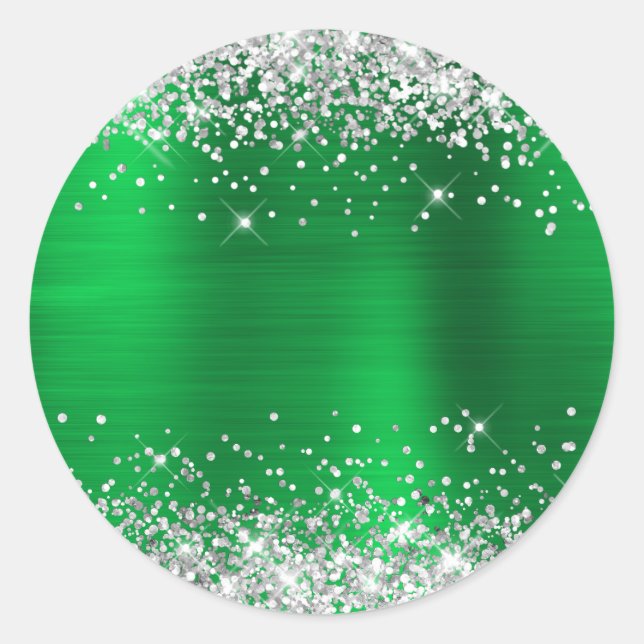 Silver Glitter Metallic Green Blank Classic Round Sticker (Front)