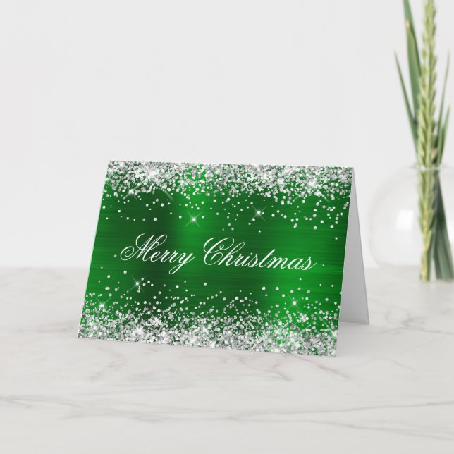 Silver Glitter Metallic Green Family Photo Card (Front)