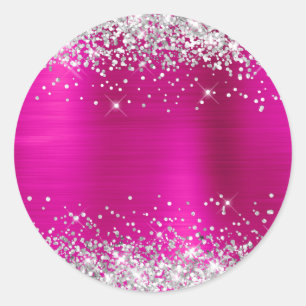 Silver Glitter Metallic Hot Pink Blank Classic Round Sticker