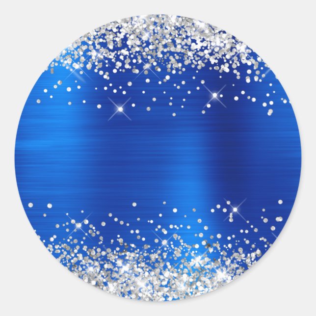 Silver Glitter Metallic Royal Blue Blank Classic Round Sticker (Front)