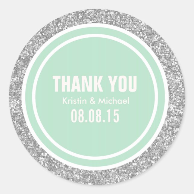 Silver Glitter & Mint Green Thank You Round Classic Round Sticker (Front)