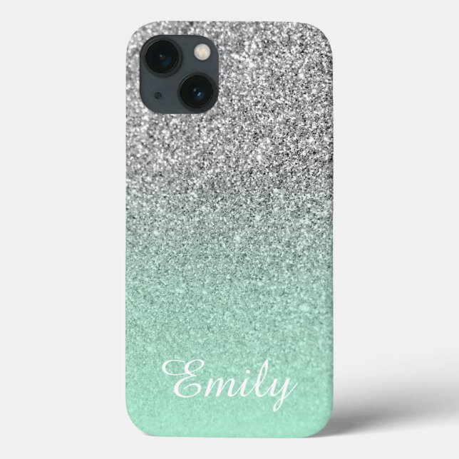 Silver Glitter Mint Ombre Personalized Case-Mate iPhone Case (Back)