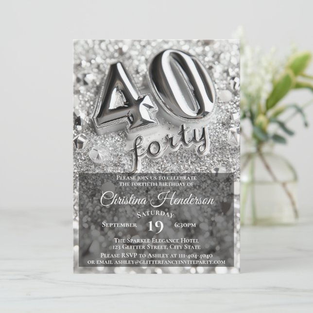 Silver Glitter Mirror Elegant 40th Birthday Party Invitation (Standing Front)