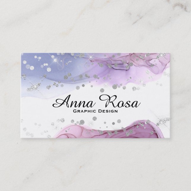 *~* Silver Glitter Modern Art Abstract Watercolor Business Card (Front)