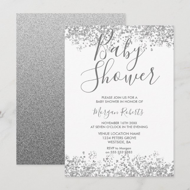 Silver Glitter Modern Baby Shower Invitation (Front/Back)